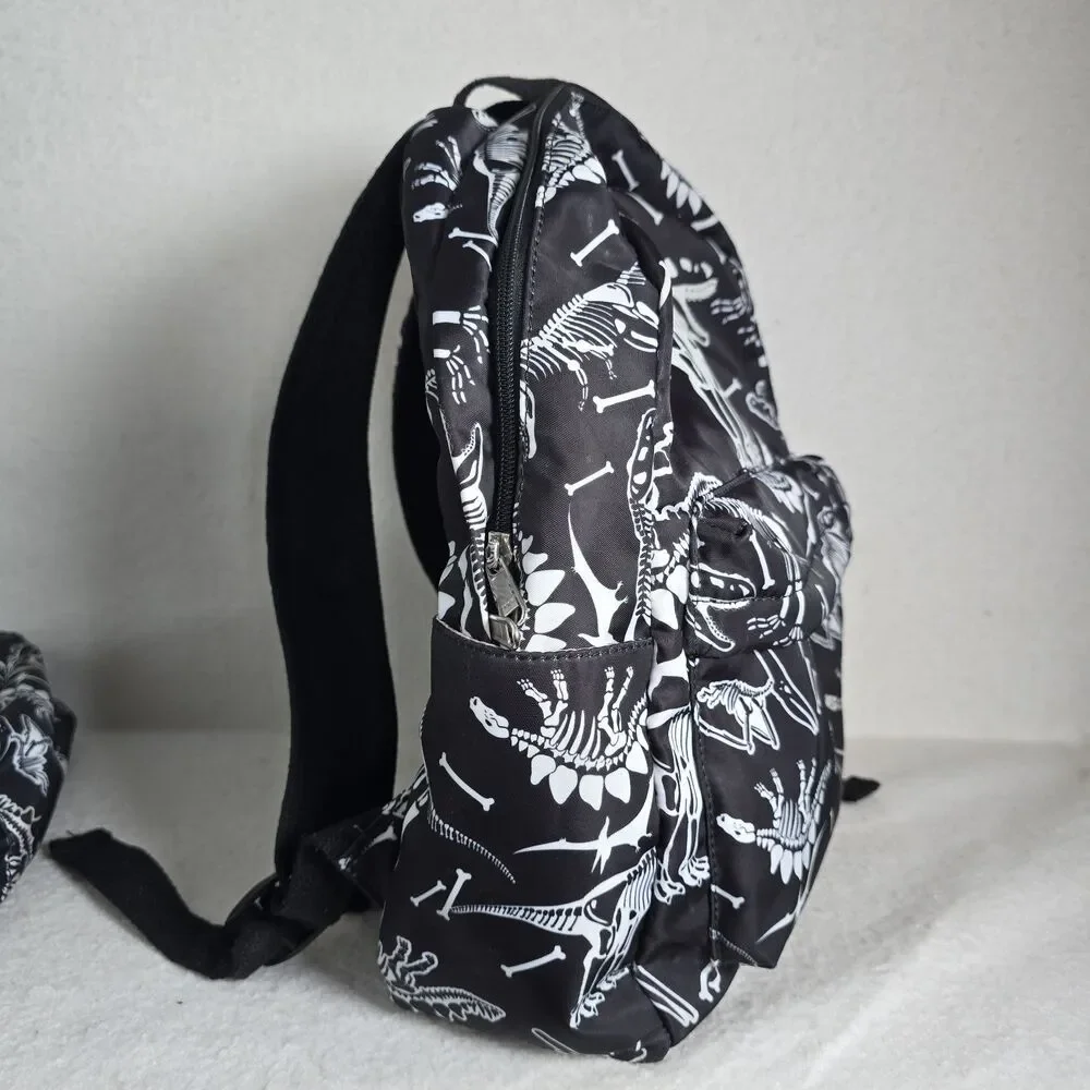 Black Backpack White T-Rex Dinosaur Skeleton Pattern And Matching Lunchbox
